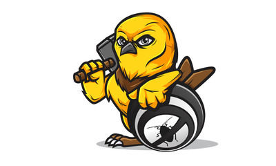 Yellow bird pest control mascot holding hammer and a shield. 100% vector and editable.