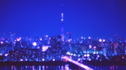 Fototapeta na wymiar Tokyo City Night Background with Blur Bokeh Lights