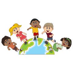Children and earth cartoon
