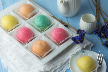 Chinese - Thai dessert Made from flour to Baking heat Mashed golden beans stuffed with salted egg yolk,Chinese festival , Traditional delicious cake in asia.