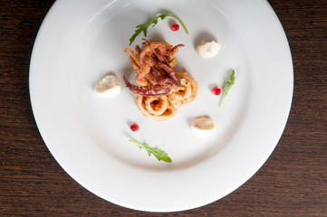 Calamari freshly prepared seafood on a white plate