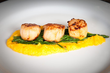 gourmet seafood dish of scallops and asparagus on a white plate