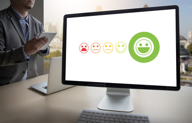 business man and woman select happy on satisfaction evaluation? And good mood smiley and evaluate