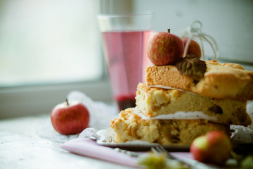 Fresh baked delicious classic American apple pie.Top view, rustic style, copy space