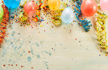 Balloons, confetti, ribbons with copy space