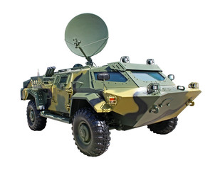 Mobile armored vehicle "Cayman" with parabolic offset antenna for space communication isolated on white background