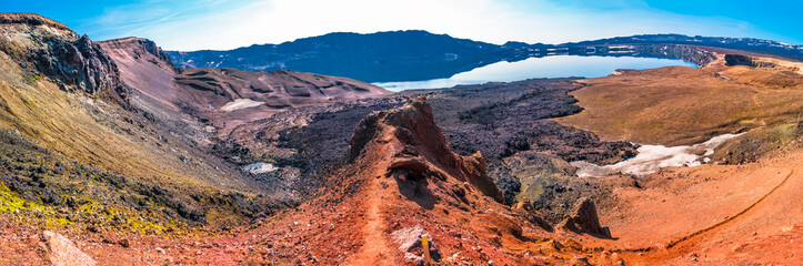 Naklejka premium Panoramic view of Askja caldera in highlands of Iceland, summer