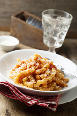Homemade pasta with tomato and eggplant