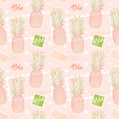 Stoffe zum Nähen Ananas und Briefmarken, nahtlose Muster auf einem Sorbet rosa Hintergrund. Aloha bedeutet Hallo auf Hawaii. Fruchtlieferung Vektor Illustration