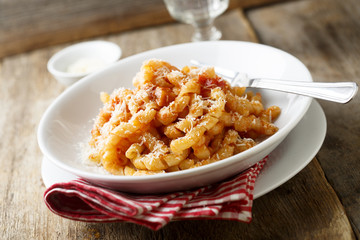 Homemade pasta with tomato and eggplant
