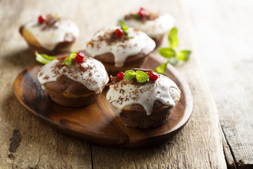 Homemade cocoa cakes with fresh berries