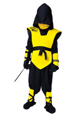 The seven-years old boy in black and yellow ninja suit with a hood and mask on his face bowed his head. With a knife in hand. Portrait in full growth
