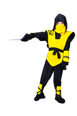 Fototapeta premium The seven-years old boy in black and yellow ninja suit with a hood and mask on his face bowed his head. With a knife in hand. Portrait in full growth
