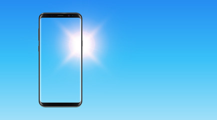 Smartphone, mobile phone over blue sky with sun,
