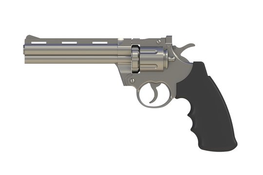 Beside view of chromium revolver 357 magnum isolated on white background, 3D rendering