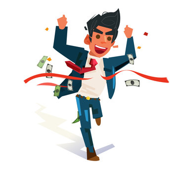 Businessman crossing finish line with money, won a competition. Success Concept. vector illustration