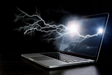 Laptop with lightning. Mixed media