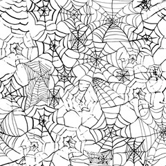 Spider web hand drawn grunge seamless pattern for halloween party background. Horror style