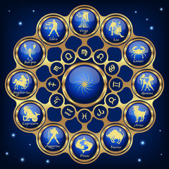 Blue neon horoscope circle.Circle with signs of zodiac.Vector