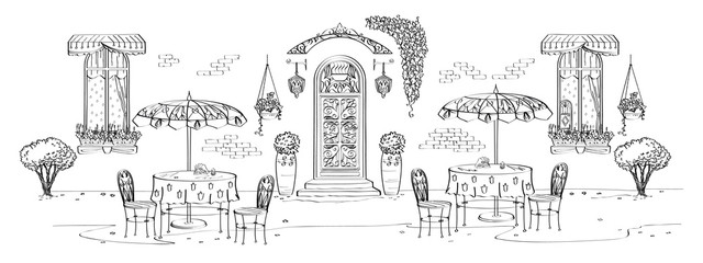 Set with a street panorama, a painted cafe with umbrellas on an ancient street with a door, windows, pots, plants and a relaxing atmosphere.