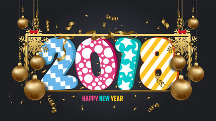 vector illustration of happy new year 2018 wallpaper gold balls and black colorful