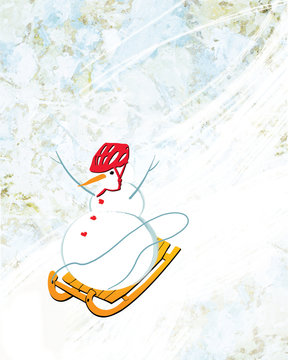 A snowman in a red helmet pulls himself off the mountain on a sled