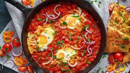 Tasty Breakfast Shakshuka in a Iron Pan. Fried eggs with tomatoes, red, yellow peppers, onion, parsley, Pita bread and herbs. Healthy Food