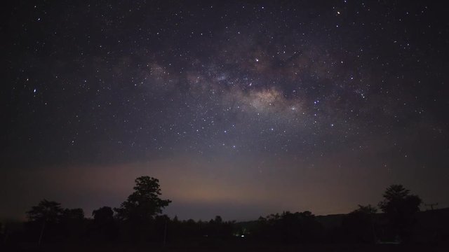 Timelapse milky way galaxy over silhouette of tree with stars and space dust in the universe.4K