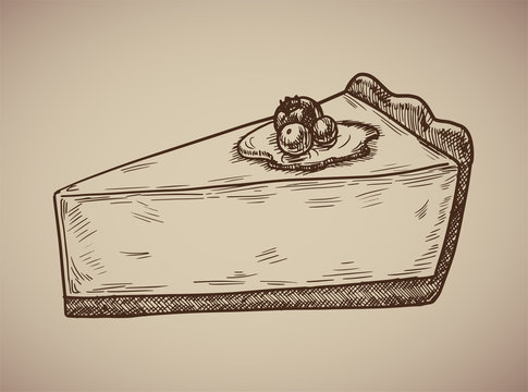 Cheesecake engraving. Delicious cheesecake in sketch style. Vector illustration.