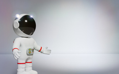 3d cartoon astronaut presenting an empty white space with spotlight