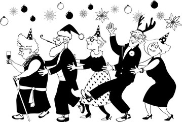 Group of active seniors dancing conga line at Christmas or New Year party, EPS 8 vector illustration, black outline, no white objects