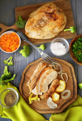 Composition with delicious turkey on wooden table