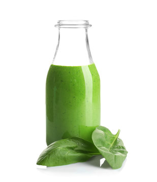 Bottle of spinach smoothie isolated on white