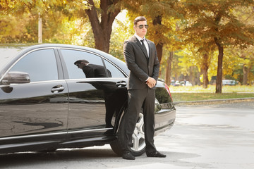 Handsome bodyguard near car outdoors