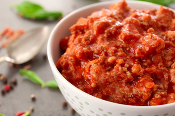 Meat sauce in ceramic bowl, closeup