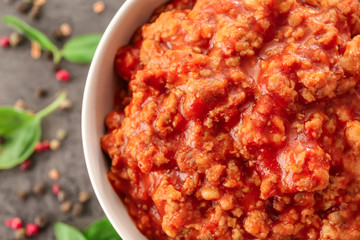 Meat sauce in ceramic bowl, closeup