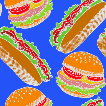 Hot dog with one sausage and  burger,  hand drawn doodle, sketch in pop art style, white outline,  seamless pattern design on blue background