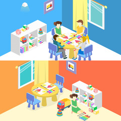 Isometric interior of room in the kindergarten. Children draw.