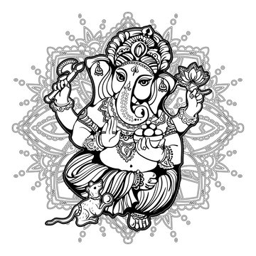 Ganesha, Hindu God of Beginnings, on Lotus Flower. Silhouette Ink Sketch  11880522 Vector Art at Vecteezy