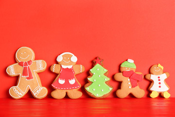 Tasty Christmas homemade cookies on color background