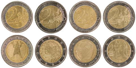 European 2 Euro Coins (front and back) isolated on white background