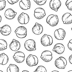 Chickpeas hand drawn vector seamless pattern. Isolated Vegetable engraved style background. Detailed vegetarian food drawing.