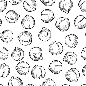 Chickpeas hand drawn vector seamless pattern. Isolated Vegetable engraved style background. Detailed vegetarian food drawing.