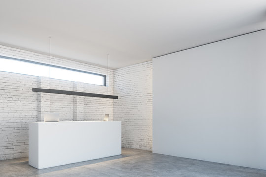 White brick wall office, white reception, corner