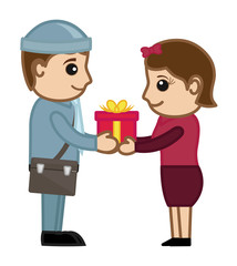 Postman Presenting a Gift Box to a Girl - clip-art vector illustration