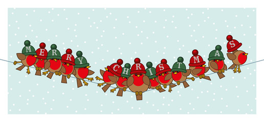 Robins wearing Red Green Woolly Bobble Hats on Telephone Wire