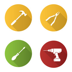 Construction tools flat design long shadow glyph icons set