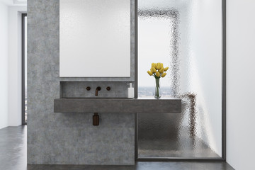 Concrete bathroom, gray sink, poster