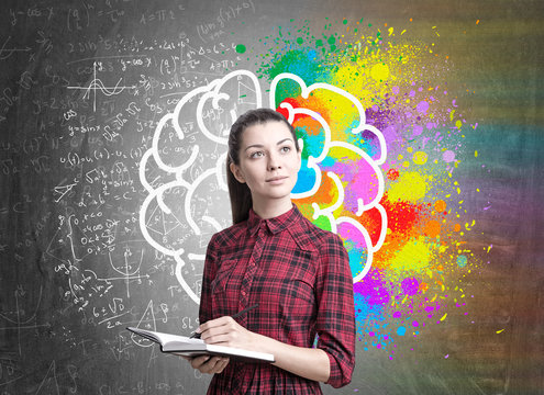 Young woman with a planner, brain, formula