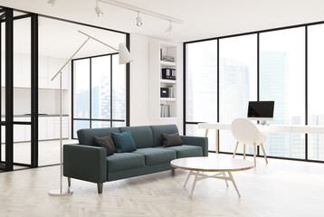 Naklejka na ściany i meble White living room interior, gray sofa, side